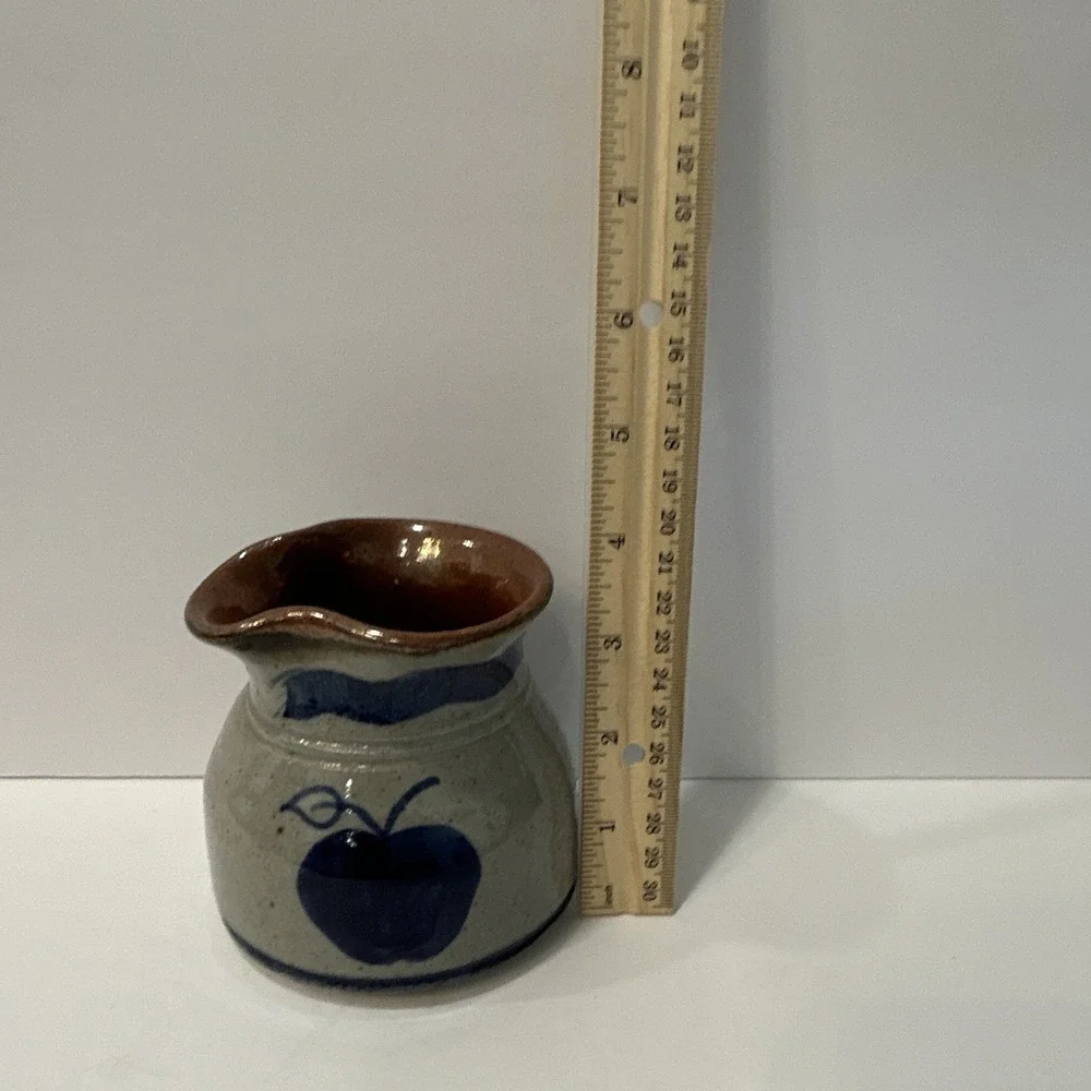 Stoneware Apple Pattern Creamer Gray Blue Brown Glossy Pottery 4 inch